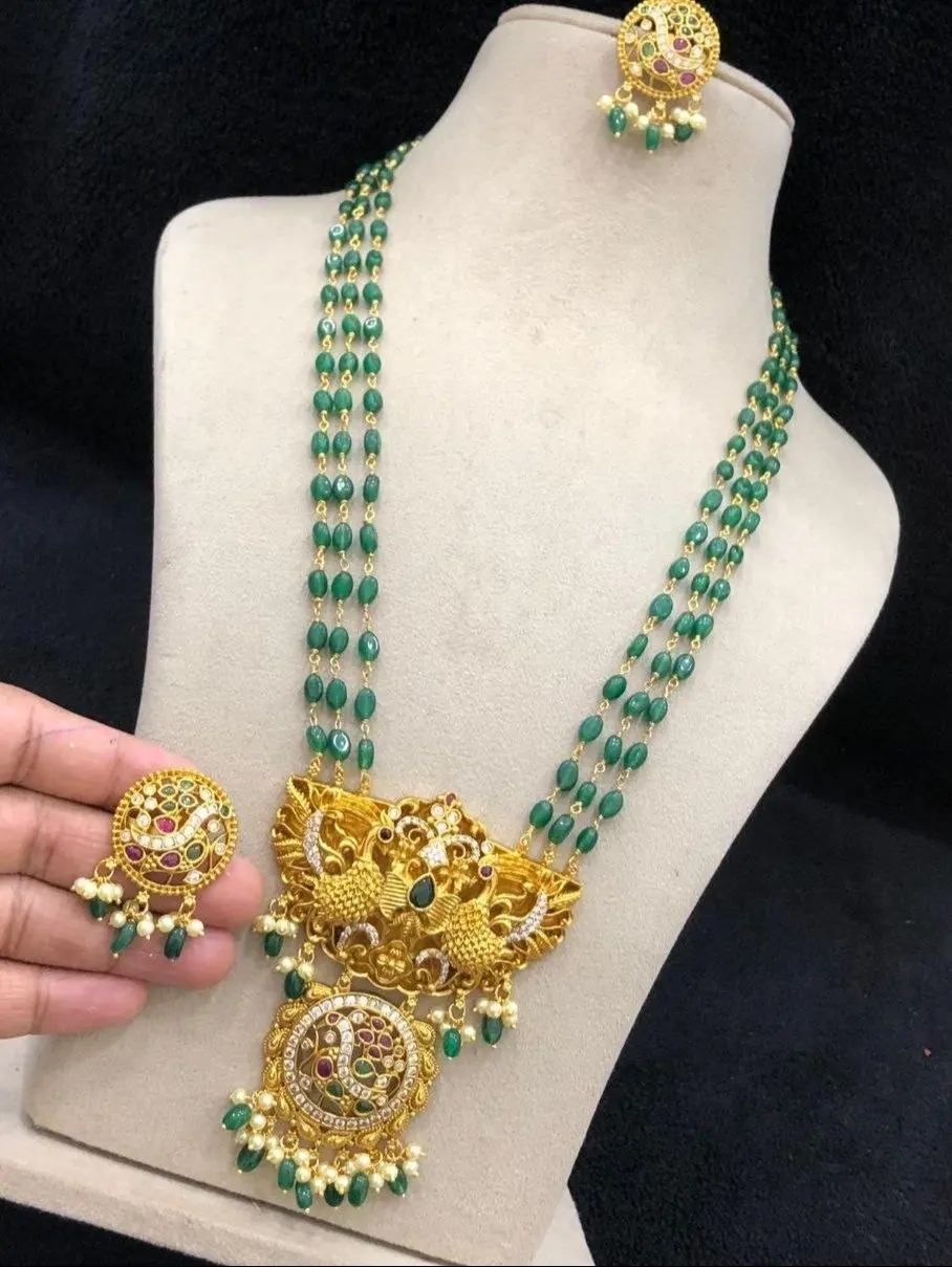 Golden Peacock Layered Emerald Long Haram set
